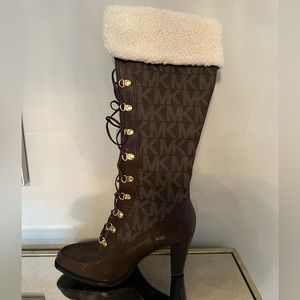Michael Kors brown leather knee-high lace-up boots with heels & faux fur top.